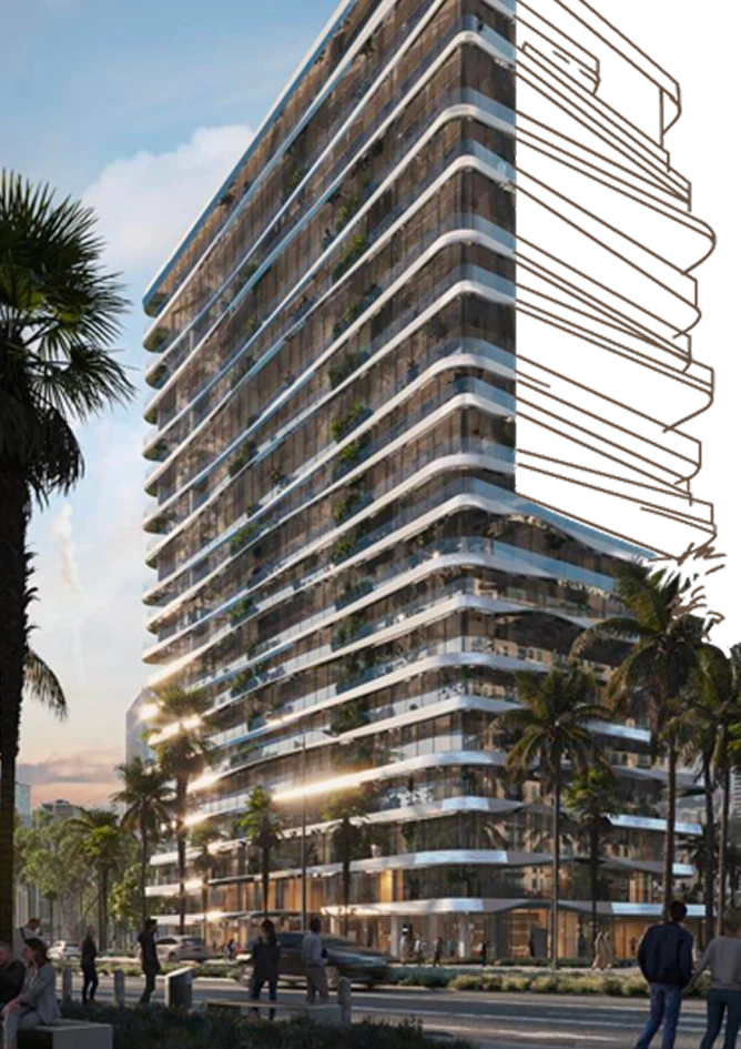 Architectural tower with drawing-like transition